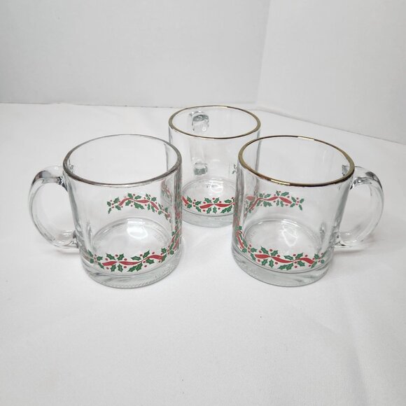 Vintage Clear Glass Arby's Mugs with Holly & Gold Rim Christmas Design Set Of 3 - Picture 1 of 5